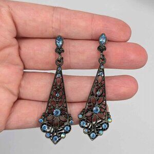 Women Blue Crystal Rhinestone Long Dangle Chandelier Earrings Black